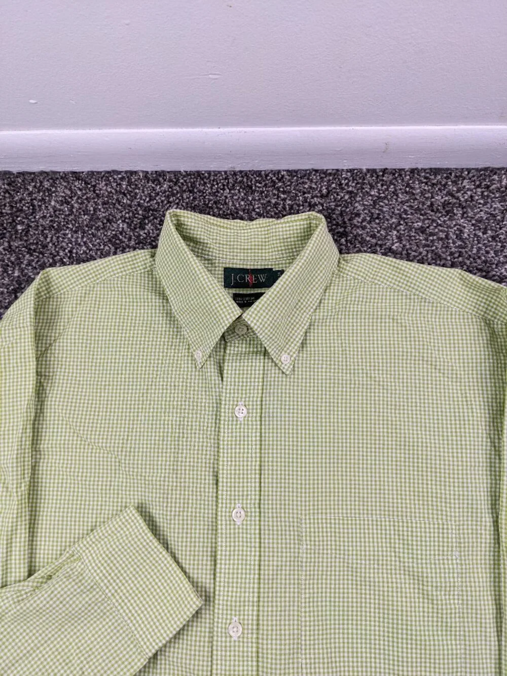 Vintage 90s J Crew Oarsman Dress Shirt Gingham Checked Button Green Mens 16x34